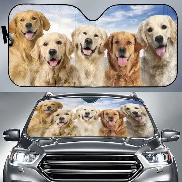 3D Adorable Golden Retriever Team Blue Sky Summer Car Sunshade, Car Window Sun Cover for Golden Retriever Lover, Car Windshield