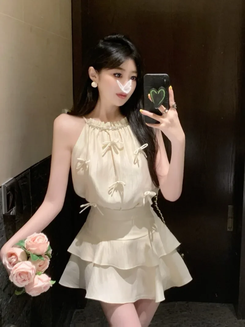 Temperament Fashion Hanging Neck Satin Diamond Top Cake Skirt Two-piece Set Women Bow Ruffle Edge Sleeveless Solid Summer Wear