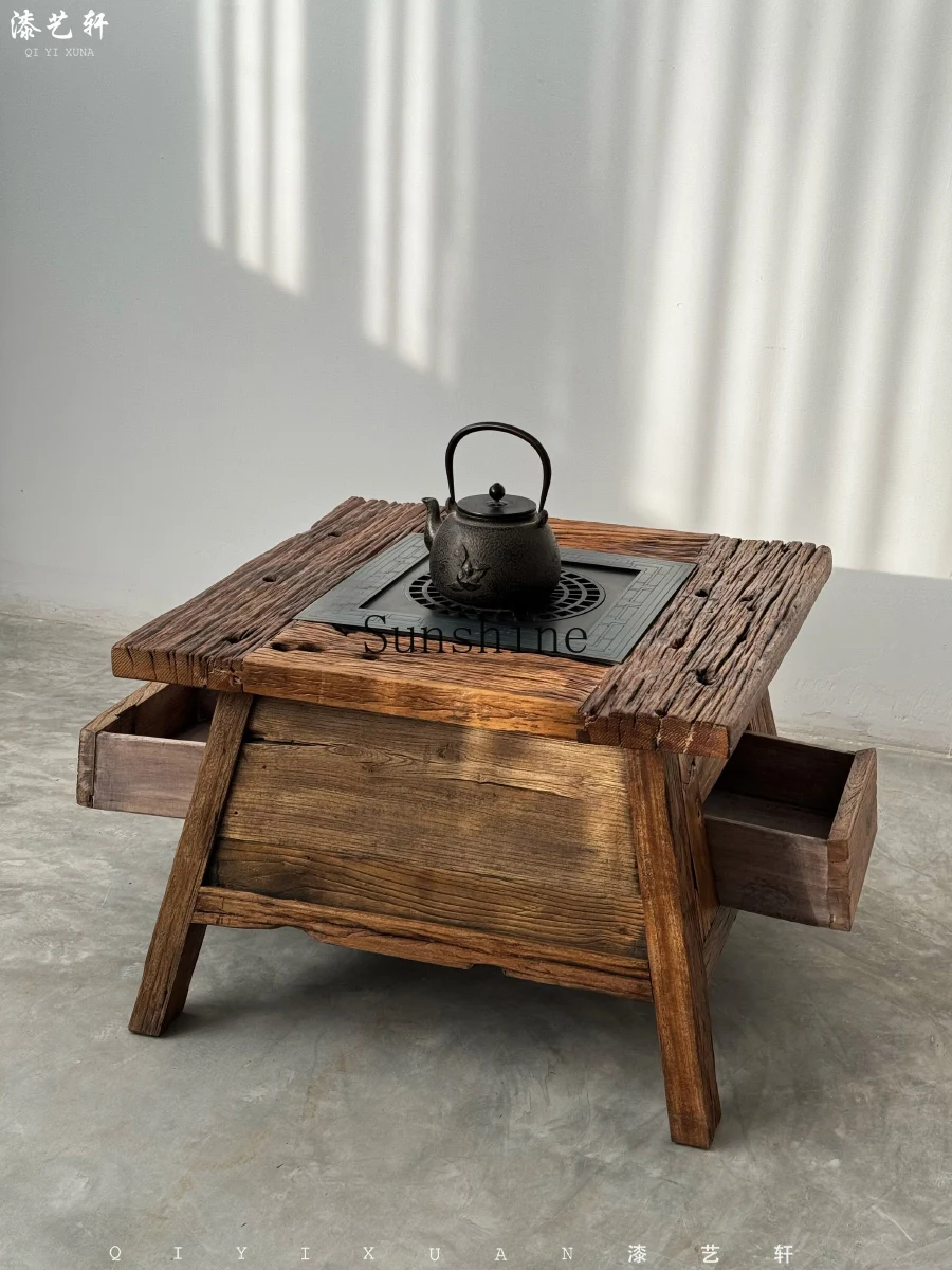موقد Wabi-sabi المغلق للرياح، بركة حريق الشاي، طاولة مربعة صغيرة، شرفة منزلية، طاولة قهوة خارجية