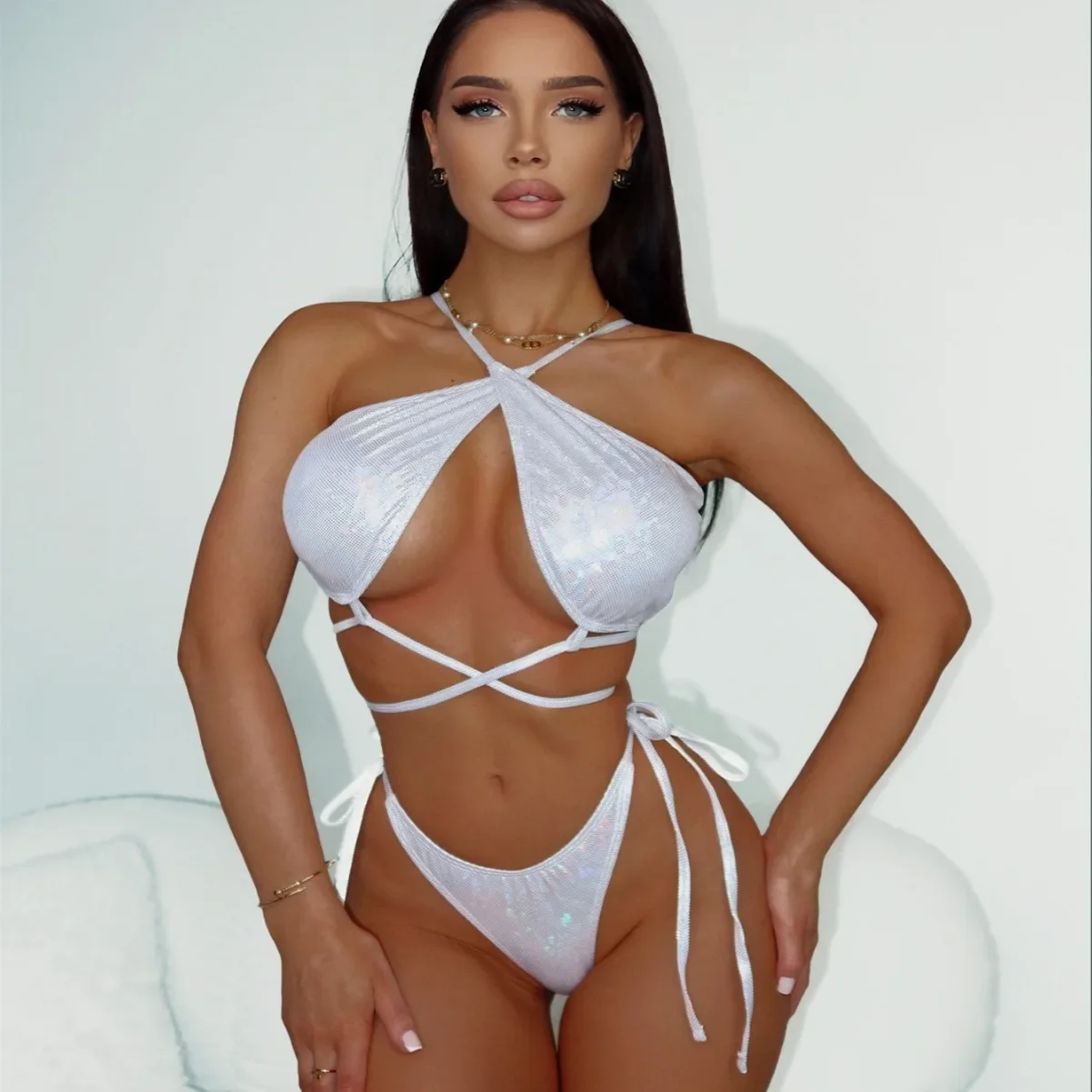 Fashion Sexy Backless Split Swimsuit Female Solid Color Lace-up Three-point Bikini Set for Women