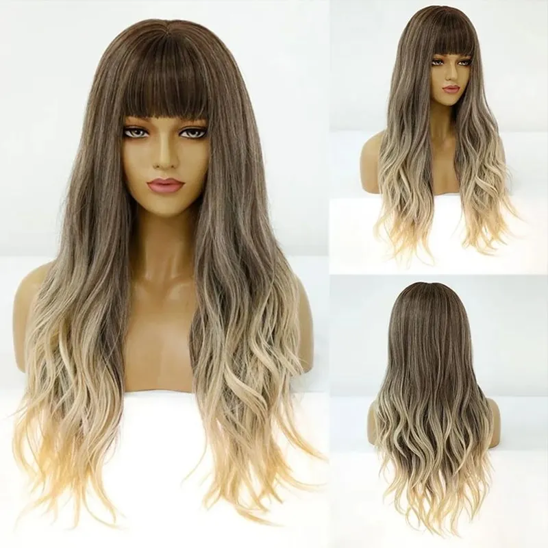 

Dark Brown Gradient Hair Synthetic Wig Long Wavy Wigs with Bangs Straight Heat Resistant Fiber Daily Use Cosplay Party man Cos