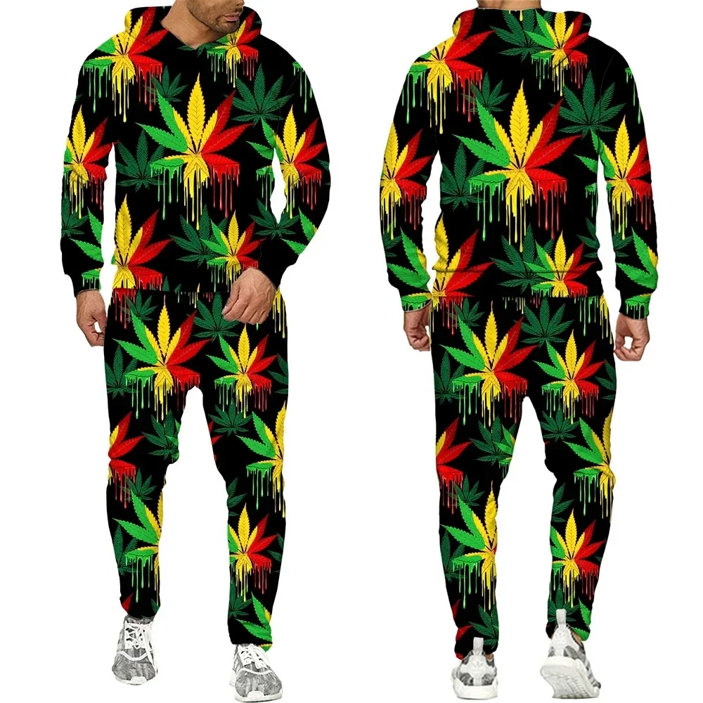 

New 3D Printing Couple Tricolor Maple Leaves Fashion Men Women Tracksuits Crewneck Hoodies+pants Plus Size S-7XL Men Clothing