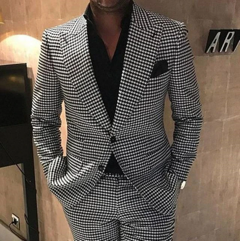 Formal Men 2 Piece Houndstooth Wedding Suit Groom Tuxedo Slim Fit Business Suits Plaid Wedding Suit Costume Homme For Party Prom