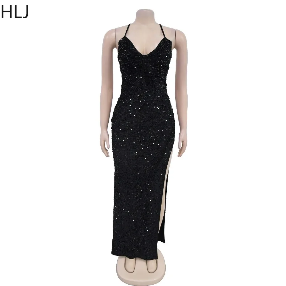 HLJ Sexy Sequin Deep V Bodycon Slit Spaghetti Strap Dresses Women Sleeveless Backless Slim Party Club Vestidos Fashion Clothing