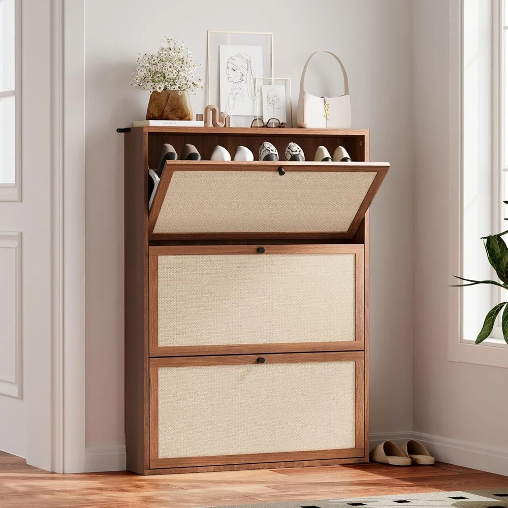 

Narrow shoe cabinet with natural linen board, independent ultra-thin shoe cabinet with 3 flip drawers, suitable for entrance