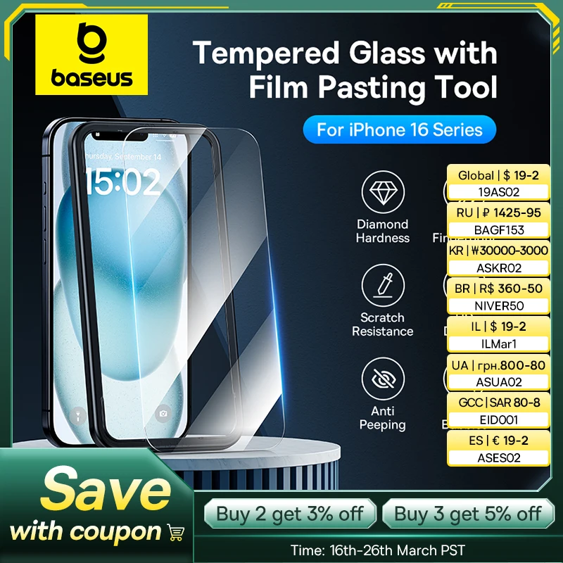 Baseus Tempered Glass for iPhone 16 Pro Max Plus Screen Protector for iPhone 15 14 13 12 11 Pro Max Clear Edge Anti-Peeping Film