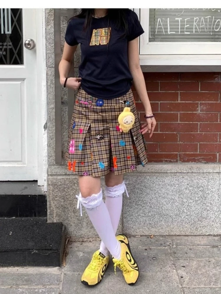Japanese Vintage Plaid Skirt American Spicy Girl Printed Pleated Overskirt Women Summer Y2k High Waist A-Line Skirts Female