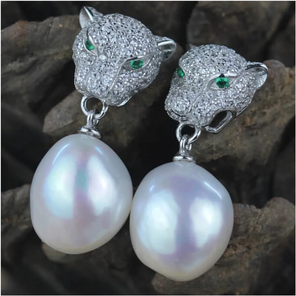 Hand made dangle white freshwater baroque pearl drop earrings micro-inlaid zircon leopard head fashion jewelry