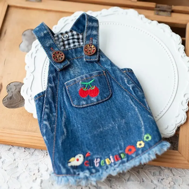 Pet Cherry Denim Skirt Pastoral Denim Strap Skirt Cute Dog Clothes Spring/Summer Teddy Marcis Yorkshire Dog Dresses Puppy