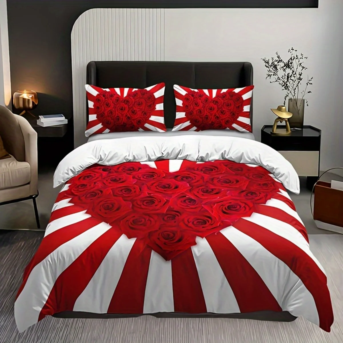 

Red Rose Heart Stripe Bedding Set Romantic 3D Print Duvet Cover Pillowcase Breathable Wrinkle-Free For Valentine Bedroom Decor