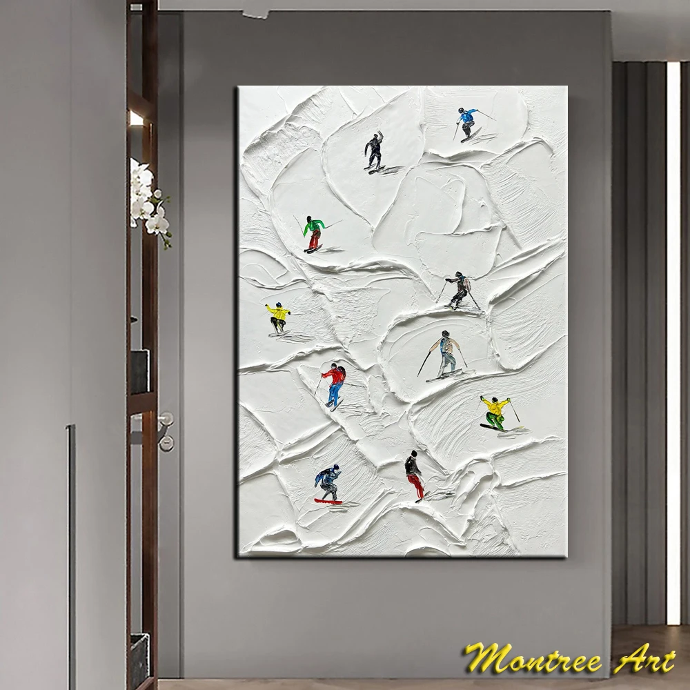 Hand Painted Oil Painting White Plaster Style Hand Skiing Art 3D Wall Decor Original Skiing Oil Painting Minimalist Modern decor