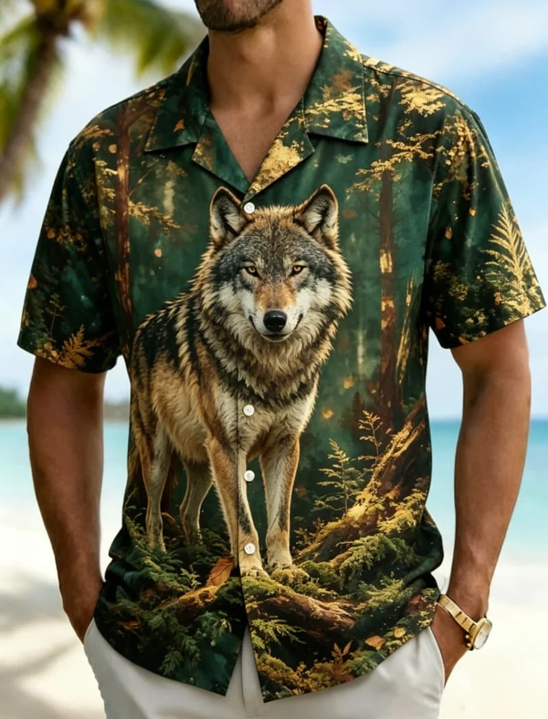 Men's animal/totem themed printed Hawaiian shirt, for summer vacations, beach parties, daily outfits, and music festivals