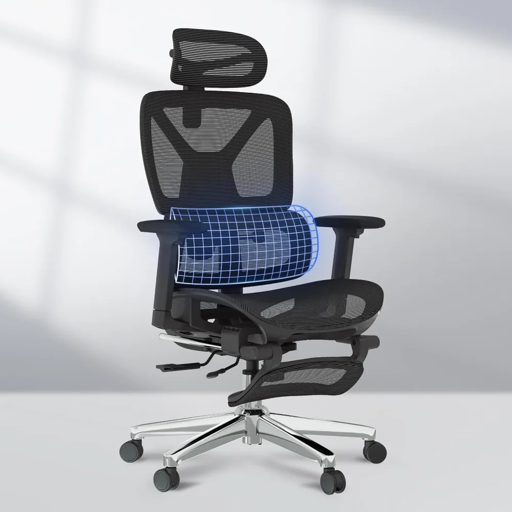 

ergonomic premium office chair with footrest: adjustable armrests, dynamic lumbar support, recline and tilt features
