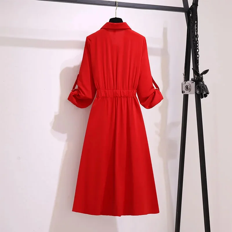 Rot Vestidos Weibliche 2025, Frühling Herbst Sommer Neue Große Größe frauen Kleid Mode Lässig Lose Temperament Hemd Kleider Damen