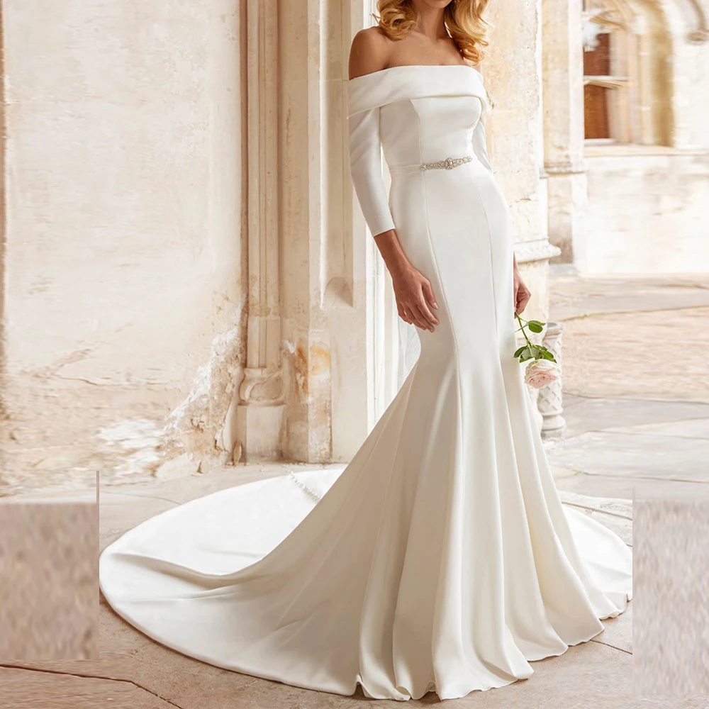 Maßgeschneidertes Brautkleid mit U-Boot-Ausschnitt, schulterfrei, Vestidos de Novia mit Gürtel, 3/4-Ärmel, Mustache Gabriе
