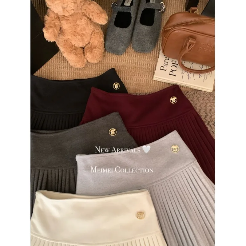 Falda plisada estilo Preppy falda de tela de lana de cintura alta nueva falda versátil dulce linda Otoño Invierno falda acampanada para estudiantes