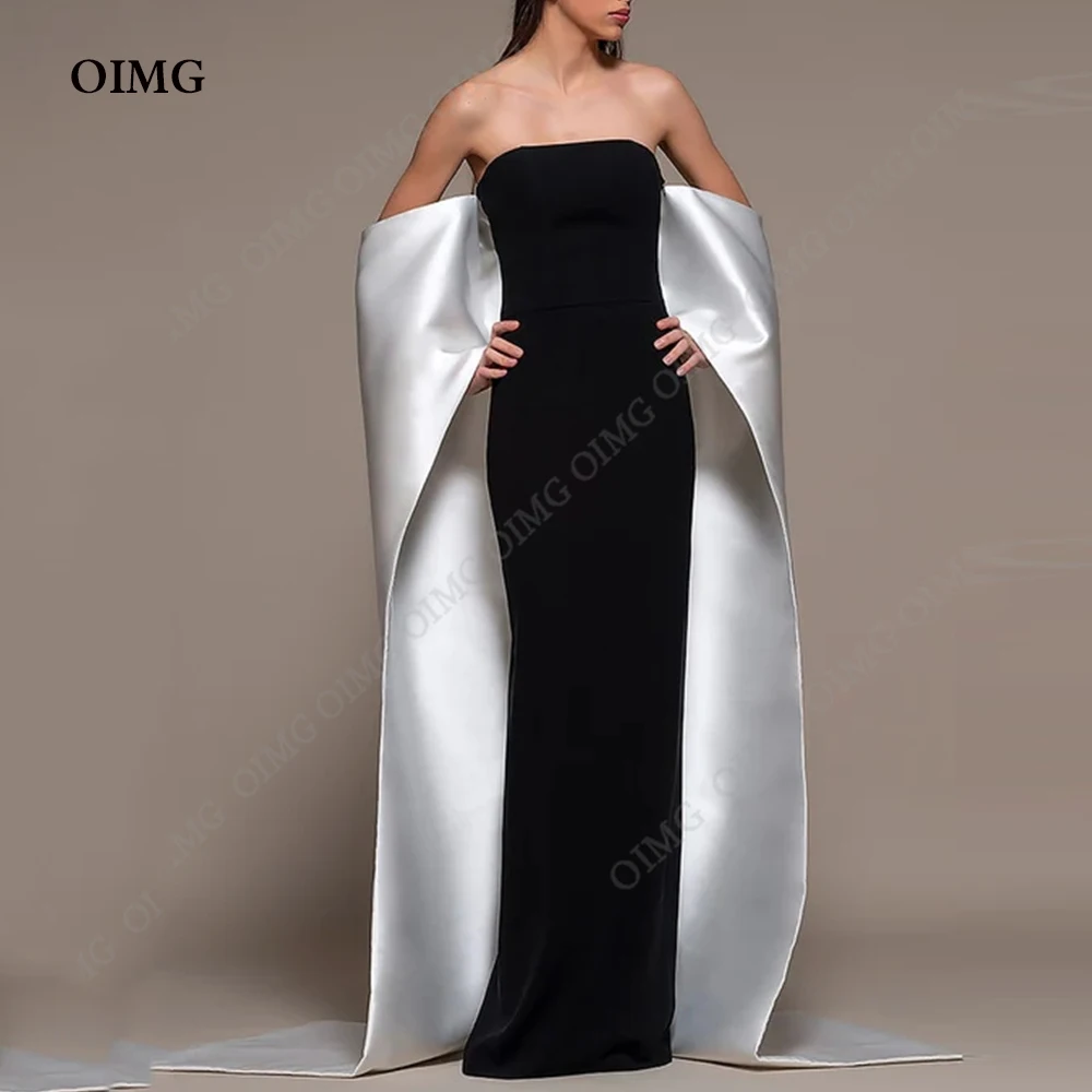 OIMG Black/White Evening Dress Beach Long Jacket Sleeves Simple Satin Elegant Prom Gown Wedding Party Gown abiye elbise kadin