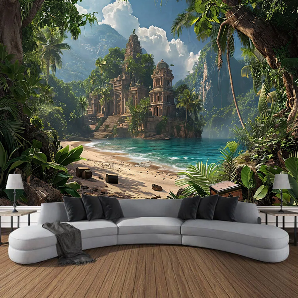 Beautiful seaside scenery tapestry wall hanging dreamy castle tapestry home bedroom hanging cloth, beach picnic mat yoga sheets