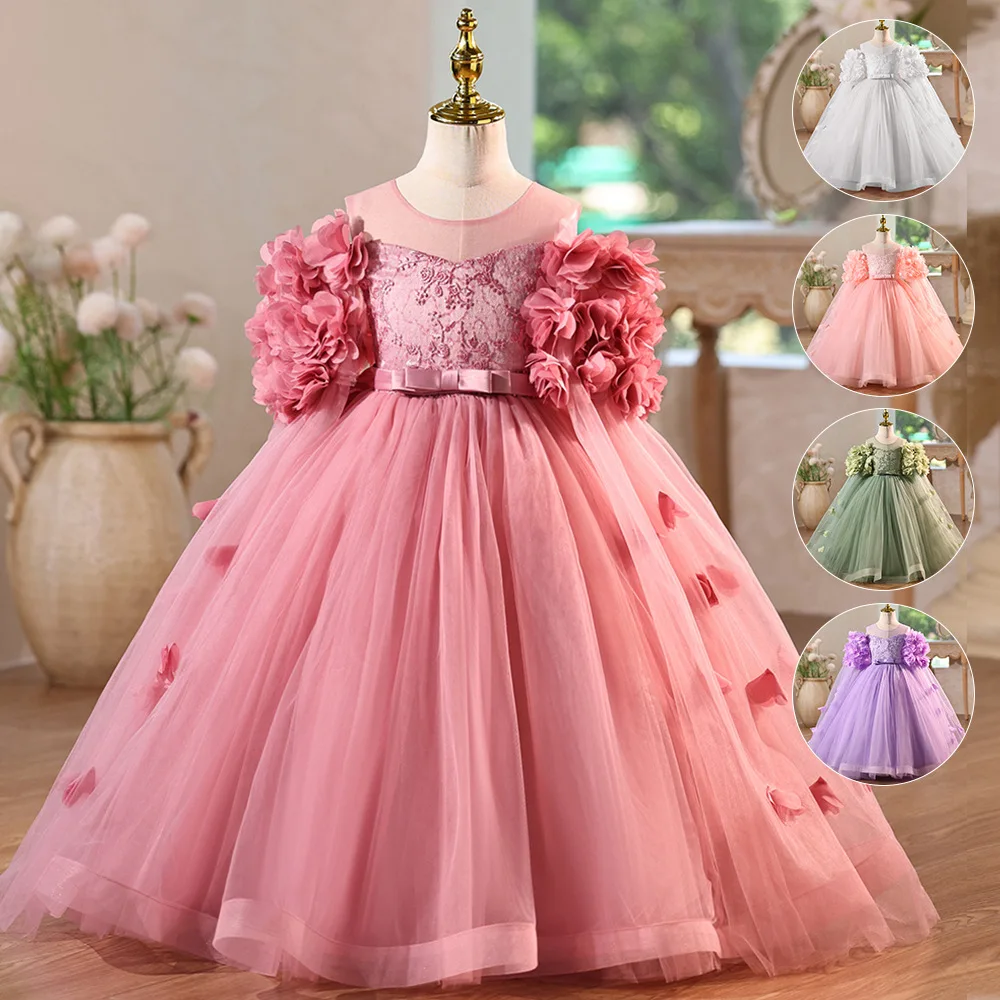 

Платье принцессы с шалью для девочек, тюлевая юбка с цветочной вышивкой, праздничное платье, детская одежда для празднования дня рождения