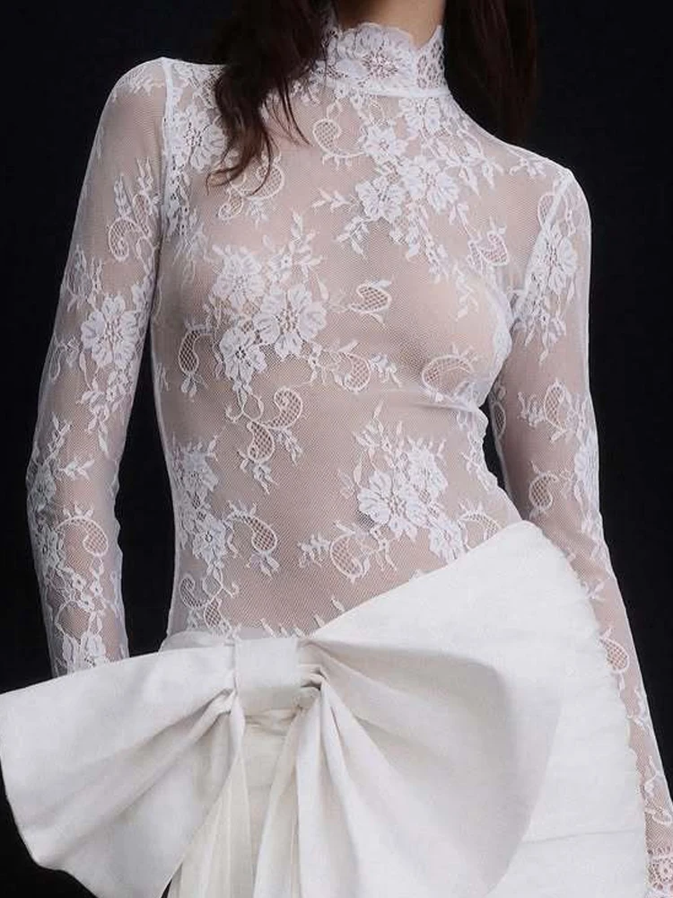 Casual slanke feestjurk met lange mouwen, elegante opstaande kraag, oversized strikjurken, dames, sexy kantborduurwerk, effen kleur mini-jurk