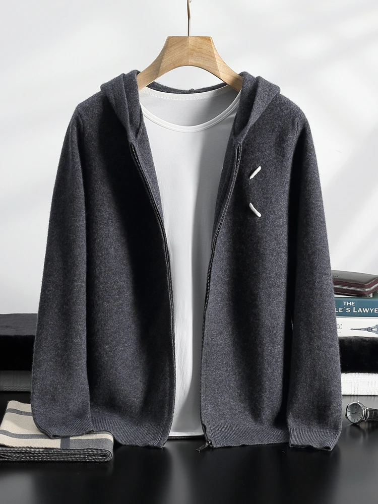 

MEETCC мужской кашемировый кардиган с капюшоном, осень-зима, роскошный утолщенный теплый повседневный свитер, 100% кашемир, воздушный слой, куртка на молнии