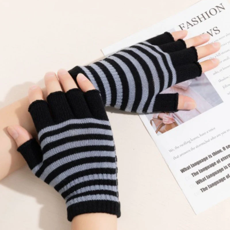 1Pair Unisex Black Stripes Half Finger Fingerless Gloves for Women Wool Knit Wrist Cotton Gloves Winter Warm Men Workout Gloves