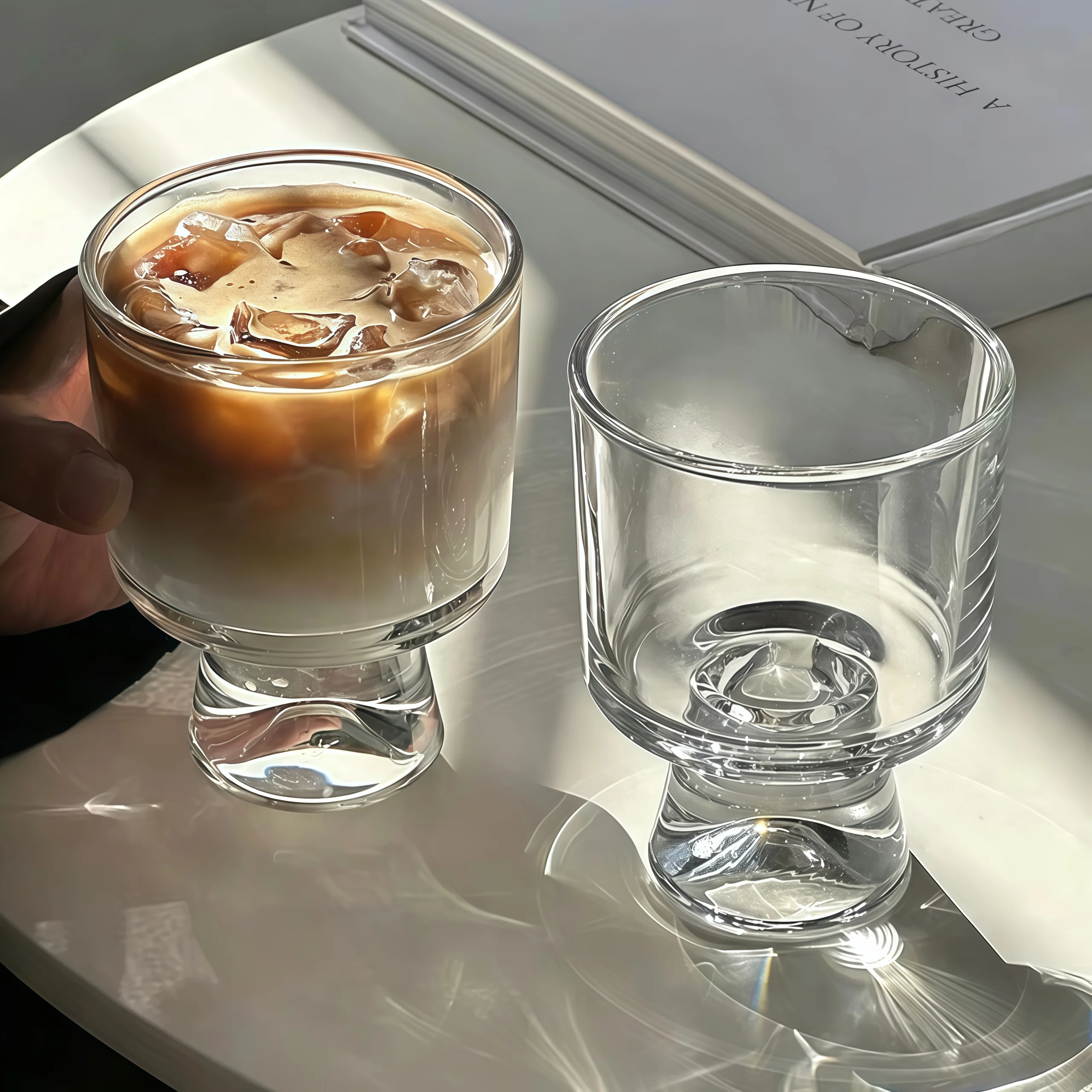 Vintage Mid-Century Glass Cup, Ins Style Stemmed Glass for Iced Americano, Latte and Drinks, Water Cup