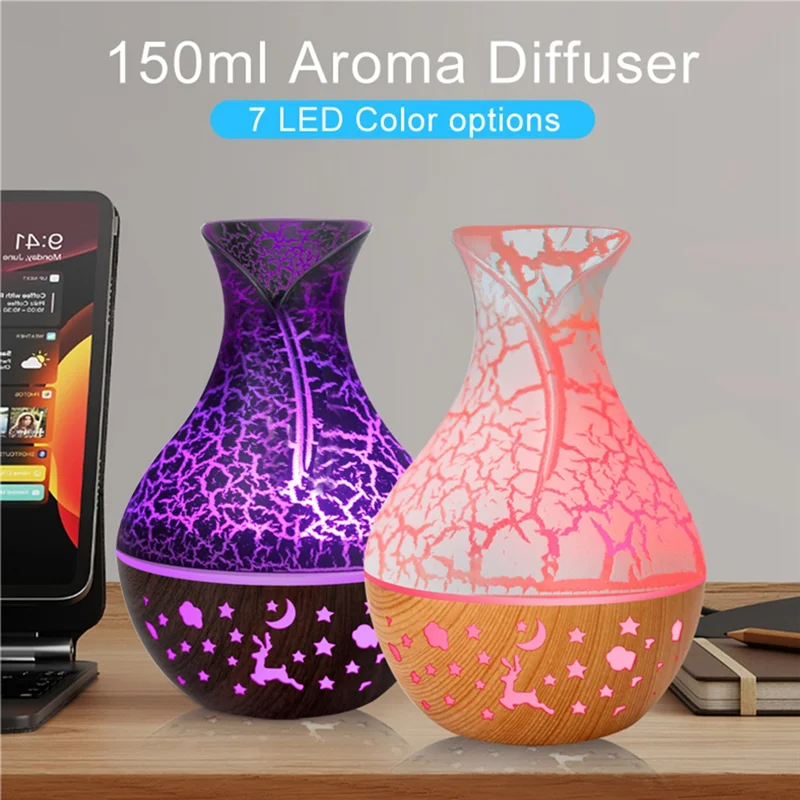 

FORC-Wood Grain Aroma Diffuser 7 LED Color Humidifier 150Ml Capacity Ultrasonic Air Humidifier USB Cool Mist Humidifier