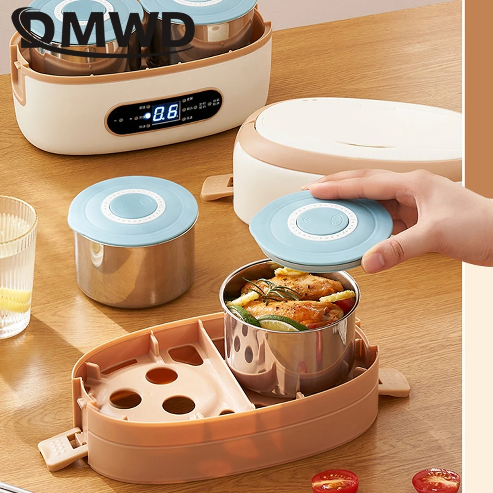 DMWD Portable Lunch Box 2L Food Heating Cooking Machine Egg Steamer Office Warmer Rice Cooker 9.3H Appointment 4 Liner 220V