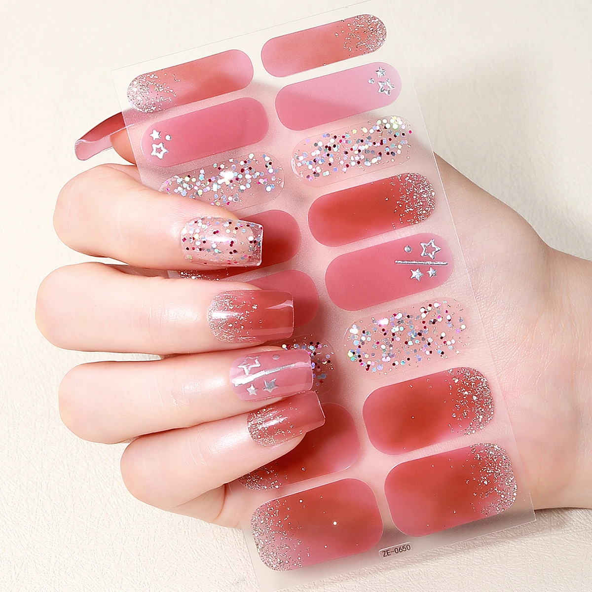 

16Tips Full Cover Sparkling Glitter Nail Polish Strips Star Moon Nail Stickers Self-Adhesive Nail Wraps DIY Manicure Decoration
