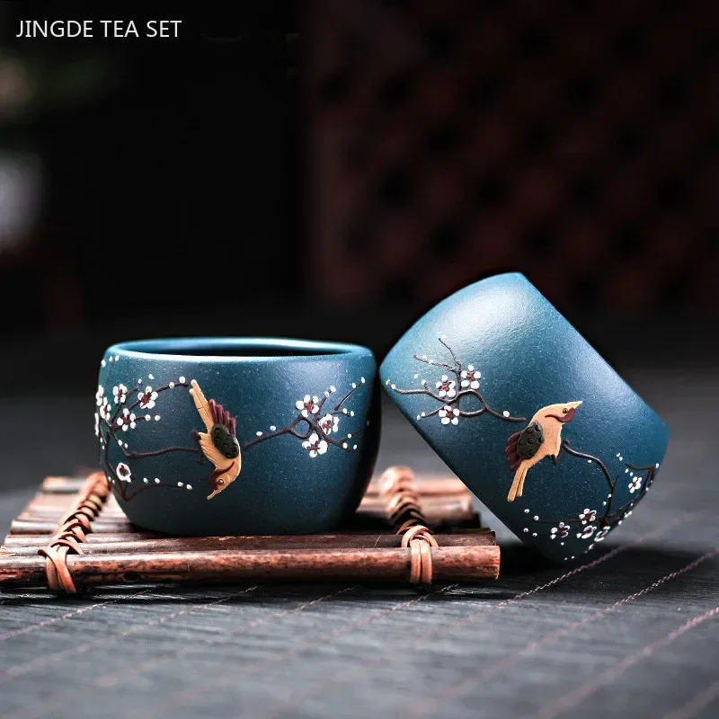 

2Pcs/70ml Custom Purple Clay Teacups Hand-painted Flowers and Birds Masters Cup Tea Set Accessories Household Drinkware