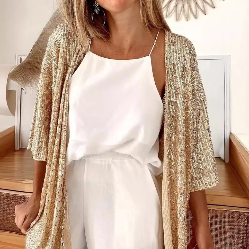 

Женское свободное верхнее цветное пальто больших размеров с блестками, осенний новый стиль, прямые продажи, европейская и американская модная независимая станция