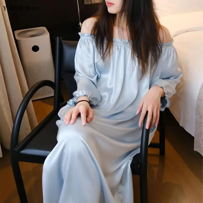 Elegant Off Shoulder Nightdress Long Sleepshirt for Lady Summer New Home Dressing Gown Loose Satin Loungewear Princess Nightgown