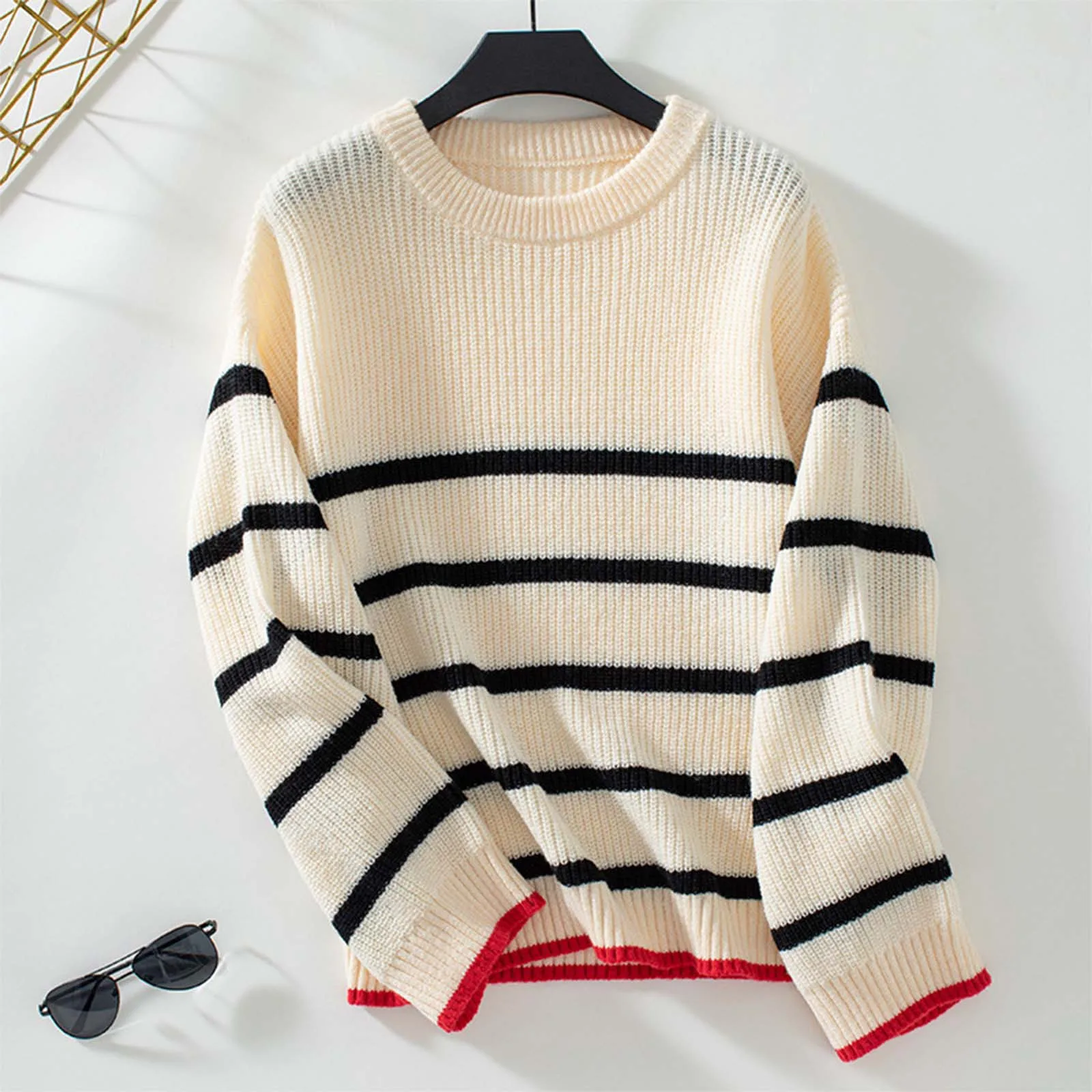 Knitted Sweaters for Women Solid Color Female Clothes Plain Crewneck Pullovers Beige Round Collar Sweat-shirt Knitwears 2024