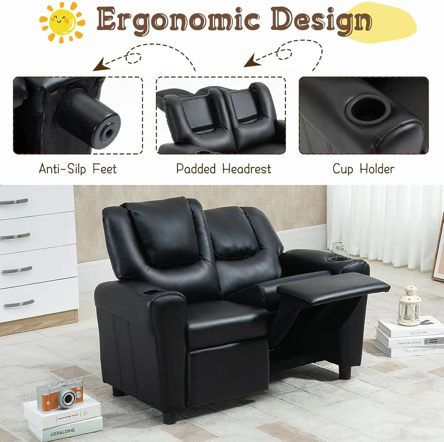 Kursi Recliner Anak, Loveseat Kulit PU dengan Tempat Cangkir, Sandaran Kaki & Sandaran Kepala yang Dapat Disesuaikan, Hitam
