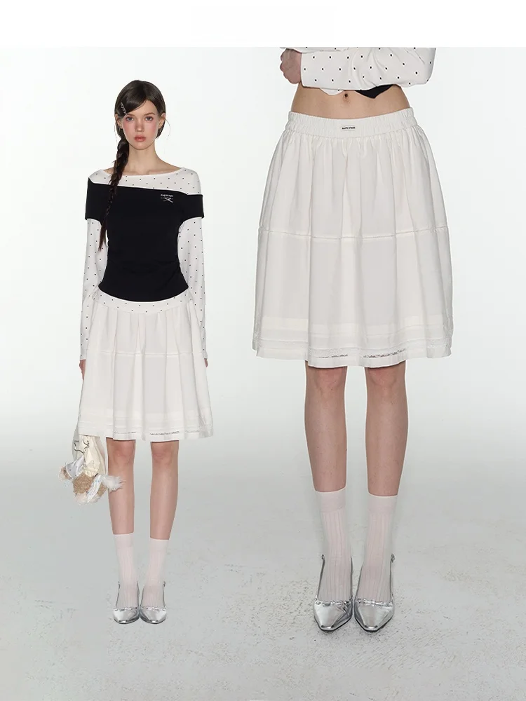 

TAKEANAP Nap Time Mid-Length Lace Patchwork Pleated Elastic Waist Skirt Women's Spring Spwear Cotton Blend A-Line Skirt