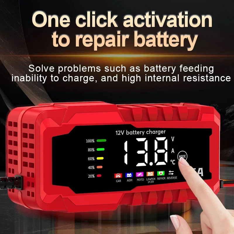 เครื่องชาร์จแบตเตอรี่รถยนต์หน้าจอสี 6A 12V อุปกรณ์ชาร์จแบตเตอรี่รถยนต์และรถจักรยานยนต์แบตเตอรี่ตะกั่วกรดซ่อมอัจฉริยะ