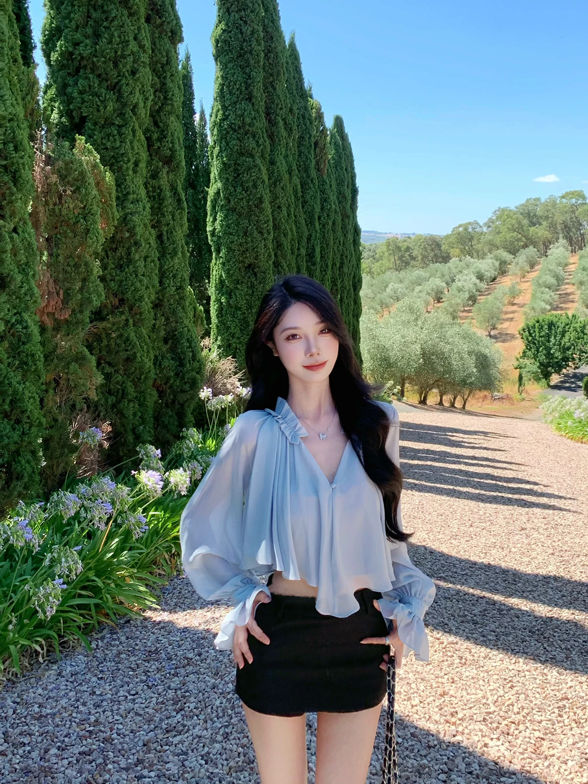 

Sexy V-Neck Long Sleeve Silk Shirt Women's Fashion Summer 2026 JustQin Salt Dream Loose Fit Elastic Sleeve Short Length