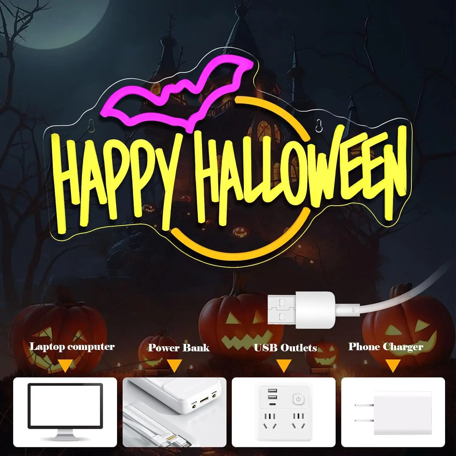 Happy Halloween LED Neon Sign USB Dimmable Bat Neon Light Sign for Gameroom Bedroom Bar Livingroom Party Home Gift Wall Decor