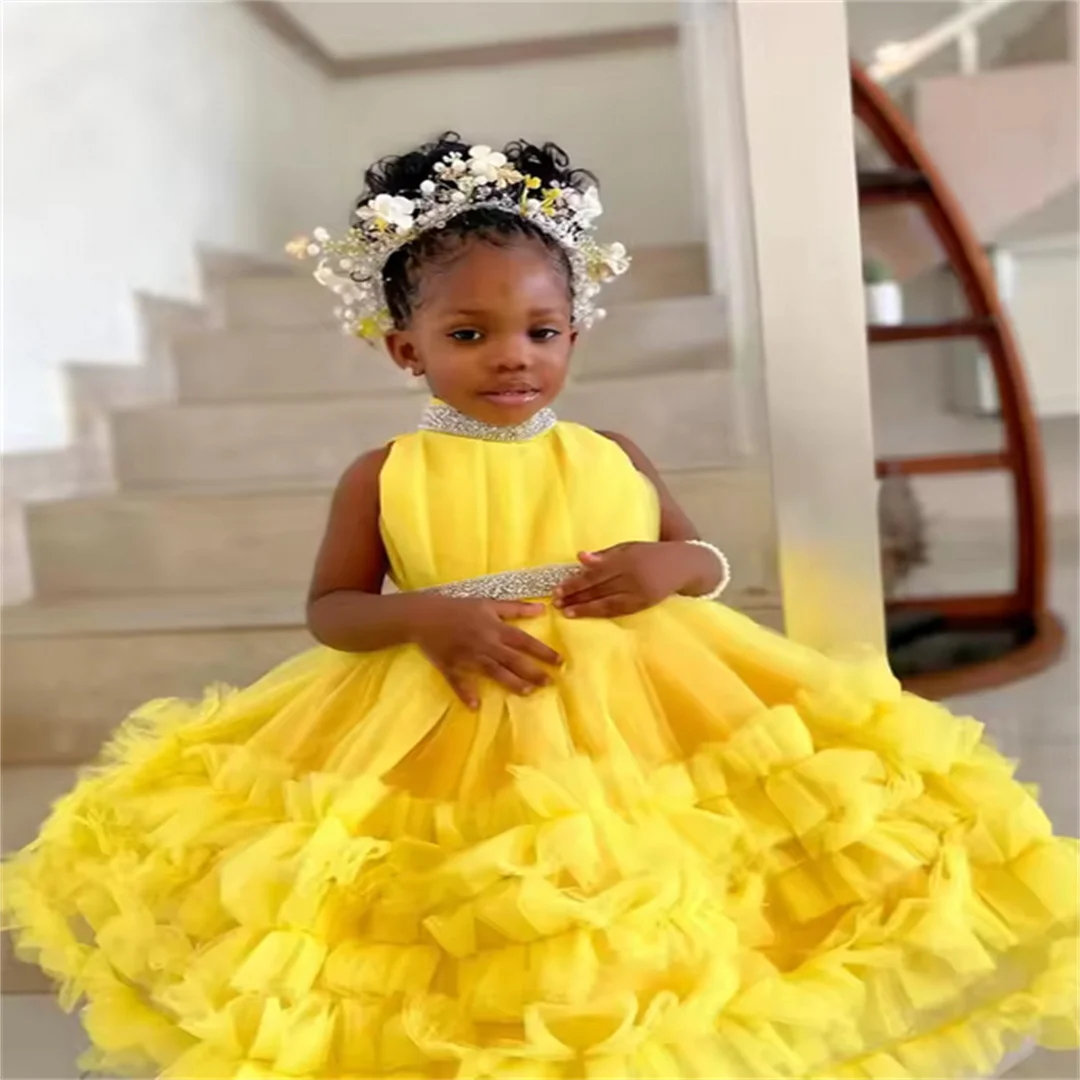 

Customized Yellow Flower Girl Dresses for Wedding With Bow Ruffles Short Tulle Child Birthday Party First Communion Gowns