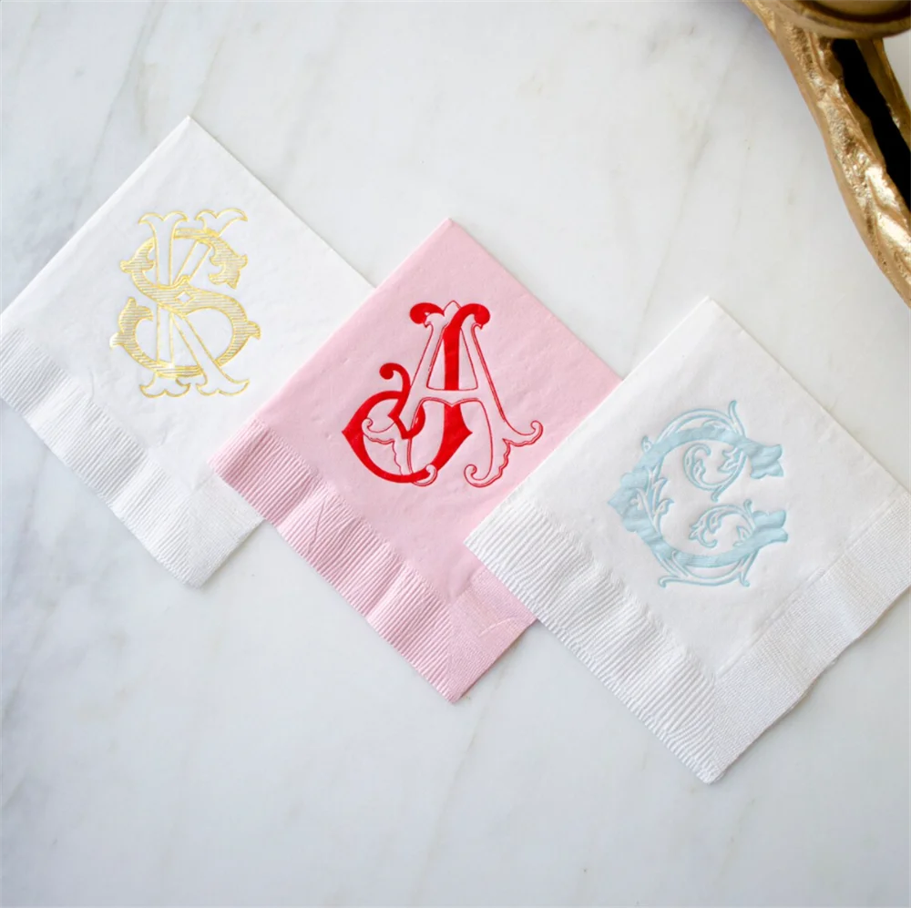 

50PCS Interlocking Vintage Monogram Wedding Napkins, Custom Cocktail Napkins, Foil Printed Napkins, Personalized Napkins