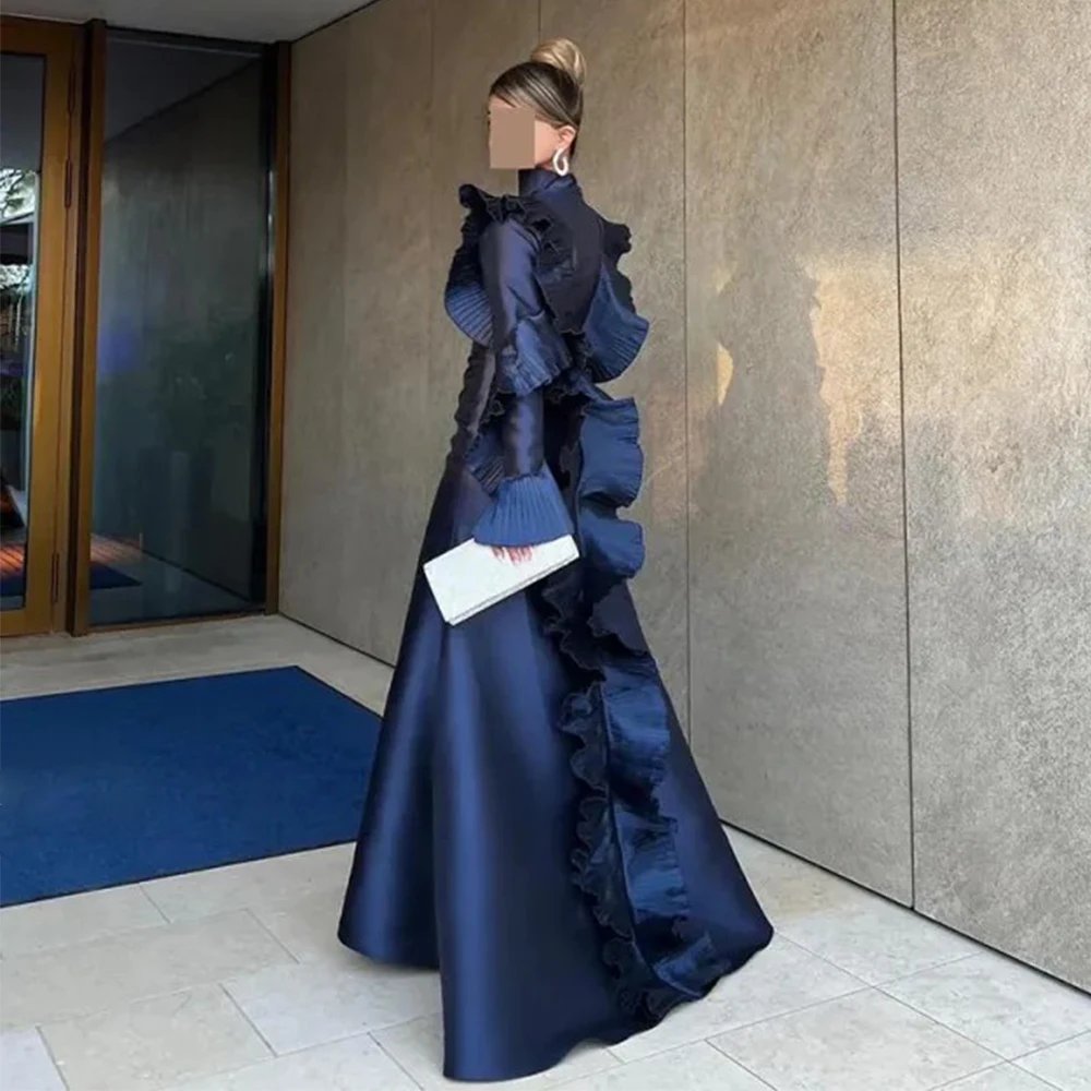 Navy Blue Classic Mermaid Evening Dress High Neck Muslim Long Sleeves with Ruffles Women Floor Length Satin Customized Gowns