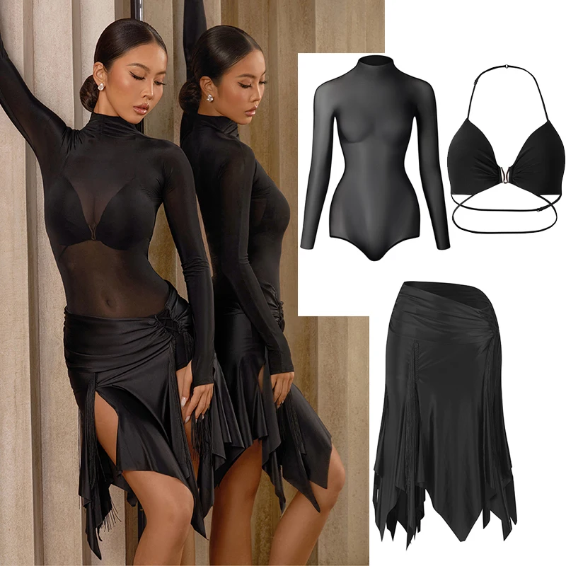 

ZYM сексуальный костюм для латинских танцев, женский черный сетчатый трико, юбка с разрезом, платье для соревнований, одежда для взрослых, румба, самба, тренировочная одежда DNV24648