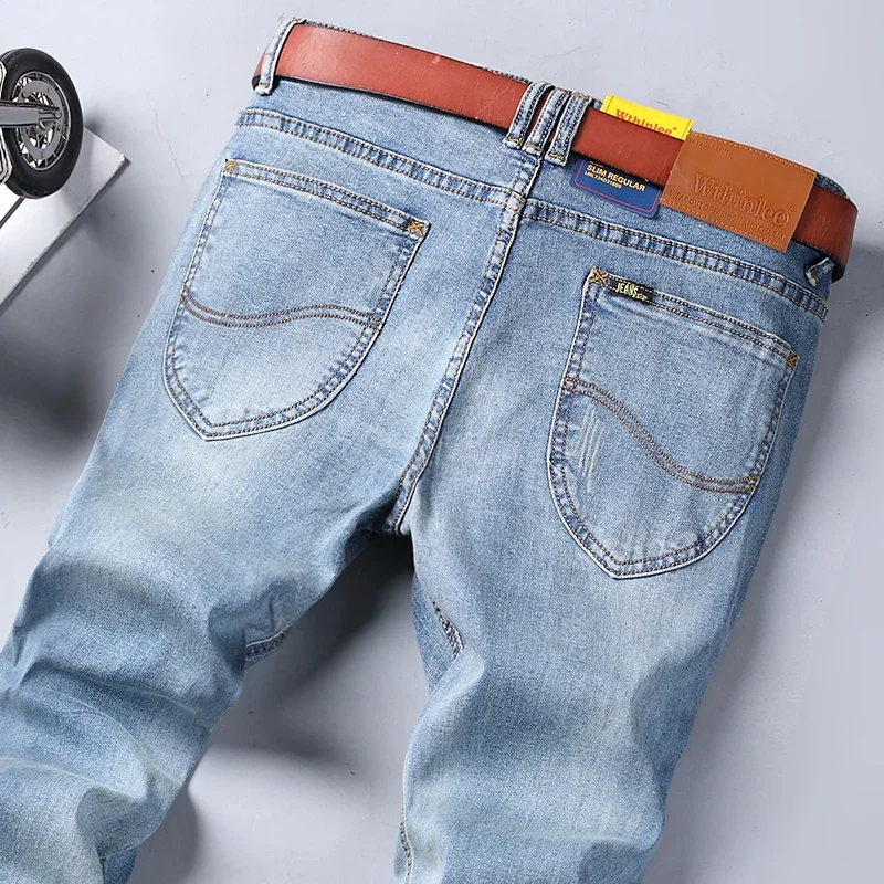 Wthinlee New Stretch Fashion Classic Blue Black Work Denim Business Men\'s Jeans Casual Straight  Trousers Male Brand Clothing