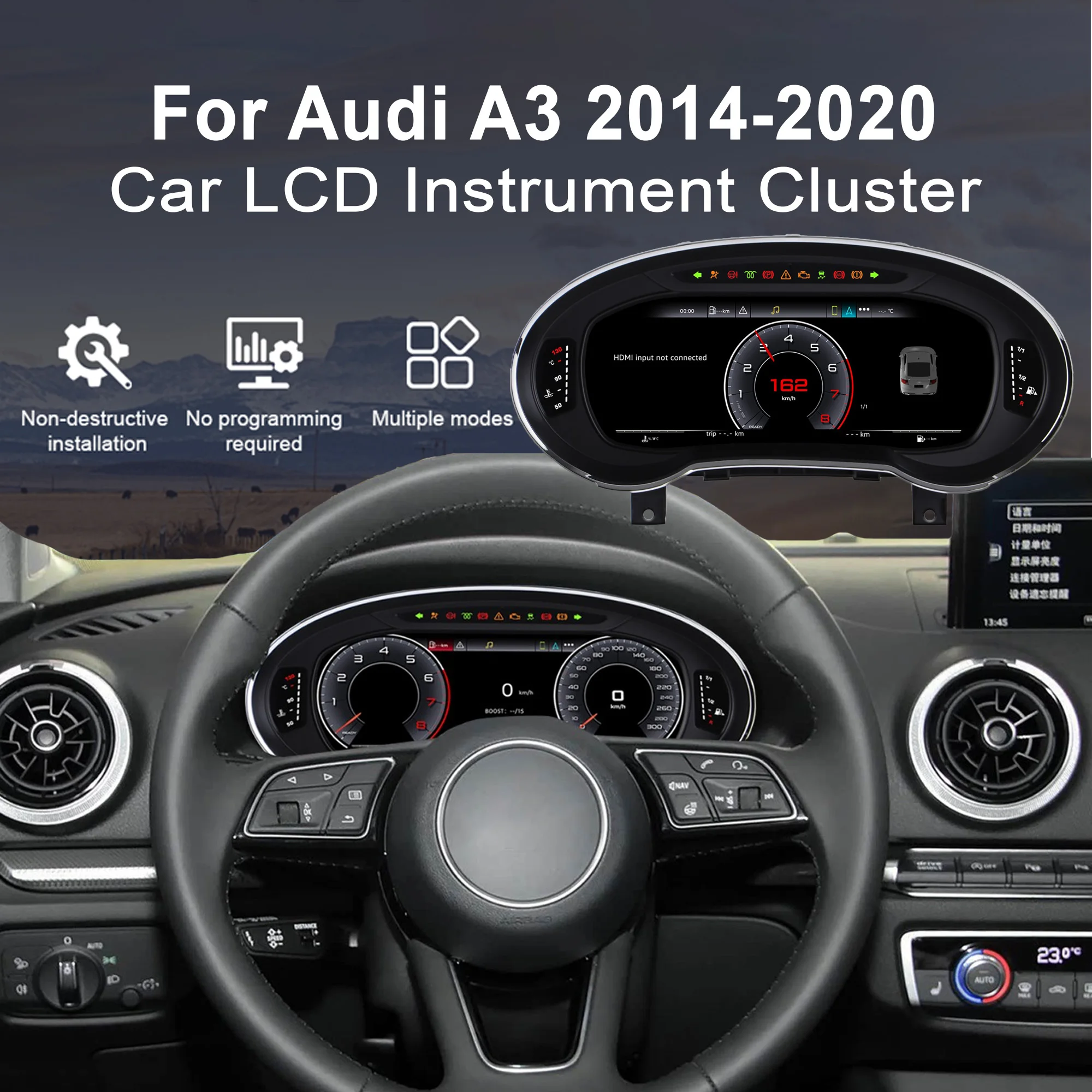 Digital Instrument Cluster For Audi A3 2014-2020 CarPlay Android Auto Speedometer, Dashboard, Gauge, 12.3'' HD Virtual Cockpit L view 3