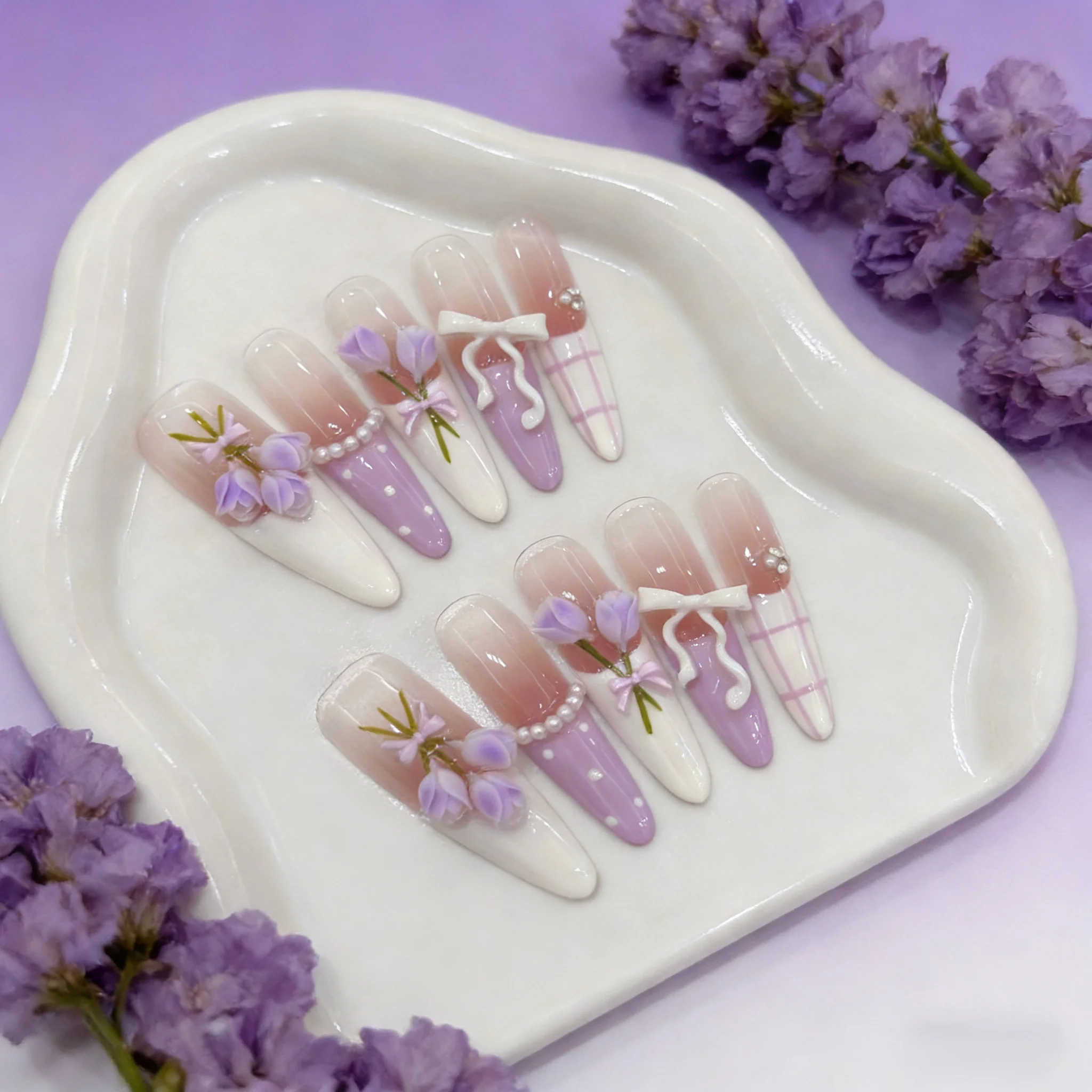 

10pcs Elegant French Style Fake Nails Romantic 3D Purple Tulip Flower Press on False Nail Handmade Long Stiletto Wearable Nails