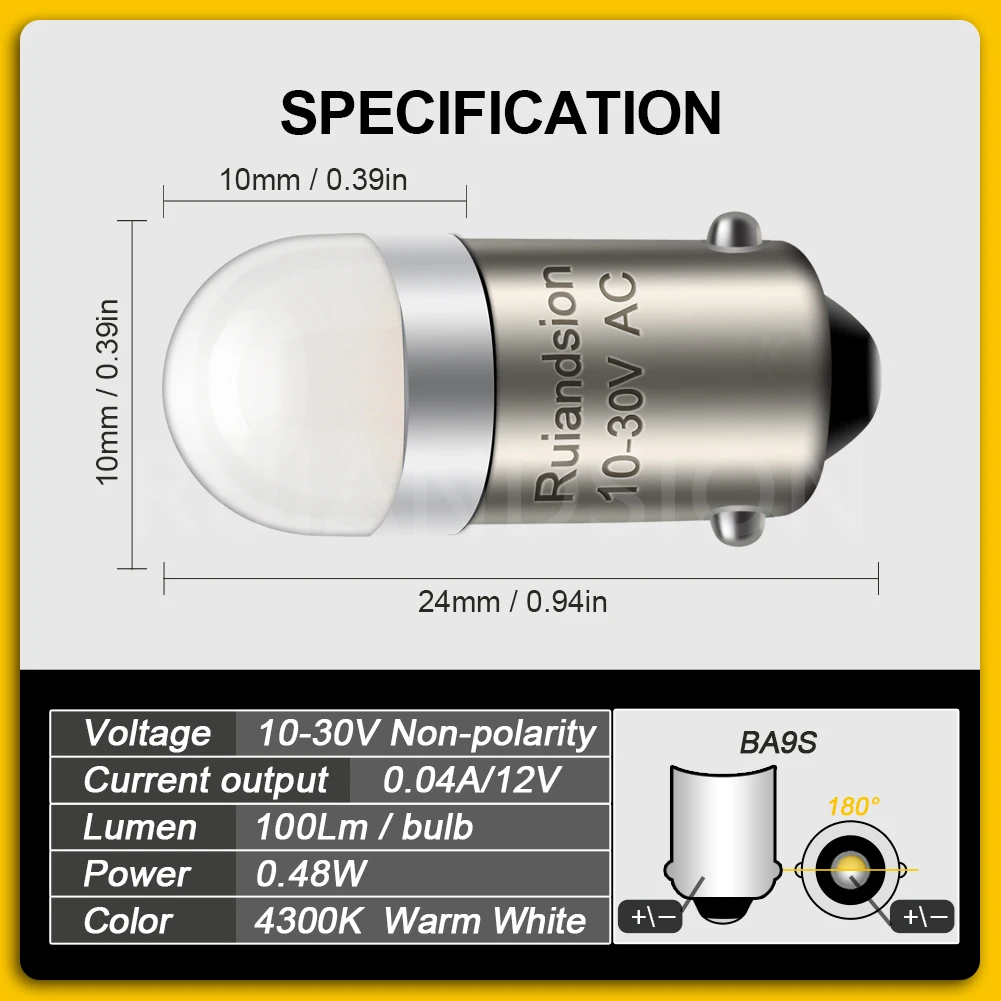 10Pcs BA9S LED Bulb 10-30V Fit 12V 24V For Car Dashboard Instrument Panel Lamp Replacement Gauges Indicator Light Super Bright - view 3