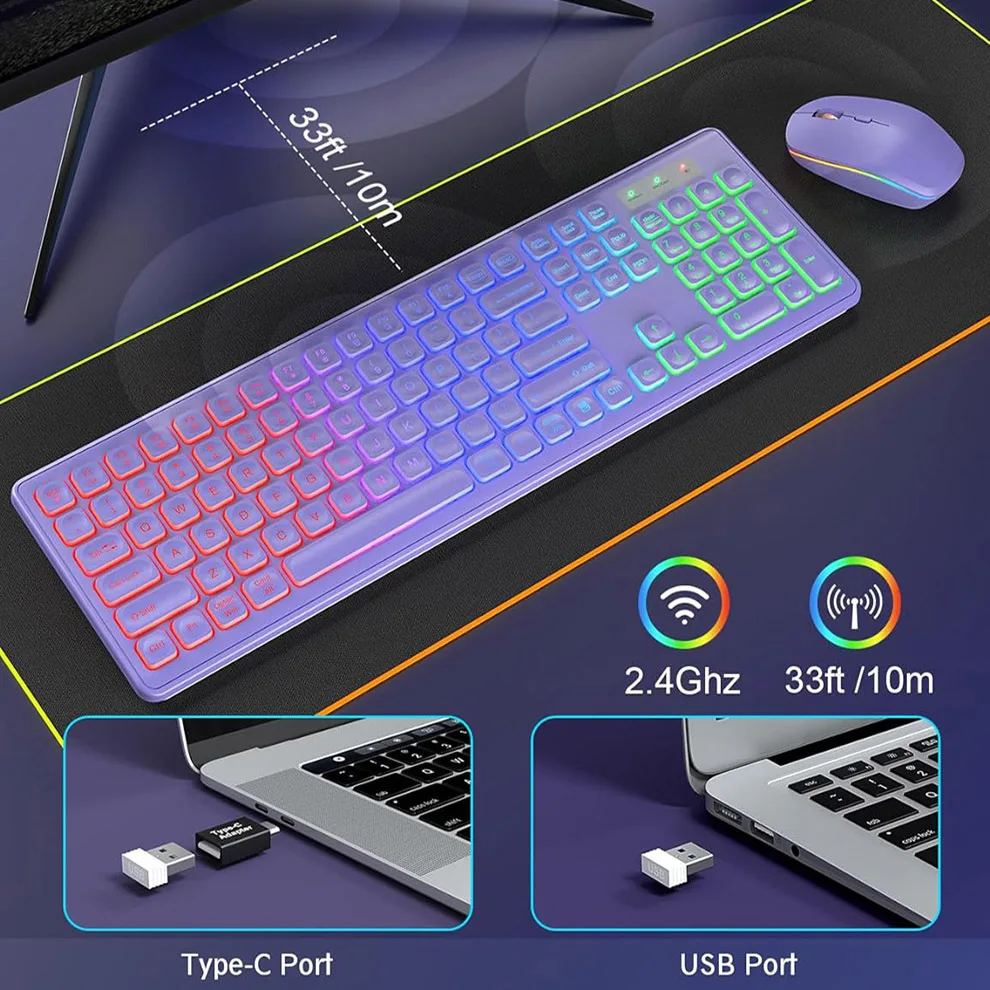 Wireless Keyboard and Mouse Combo Backlit ,Rechargeable Full-Size Illuminated Wireless Keyboard and Mouse Set, 2.4Ghz Keyboard