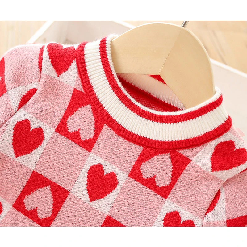 New Spring Autumn Princess Girls Dress Full Print Heart Pattern Knitted Sweatshirt Dresses For Kids Children Birthdy Present