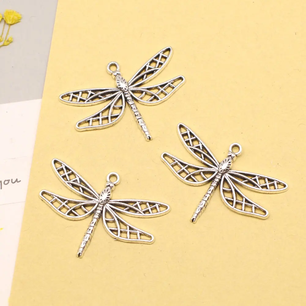 5pcs 25x35mm Dragonflies Charms Woman Pendant Cute Jewelry Wholesale Jewelry Antique Silver Color